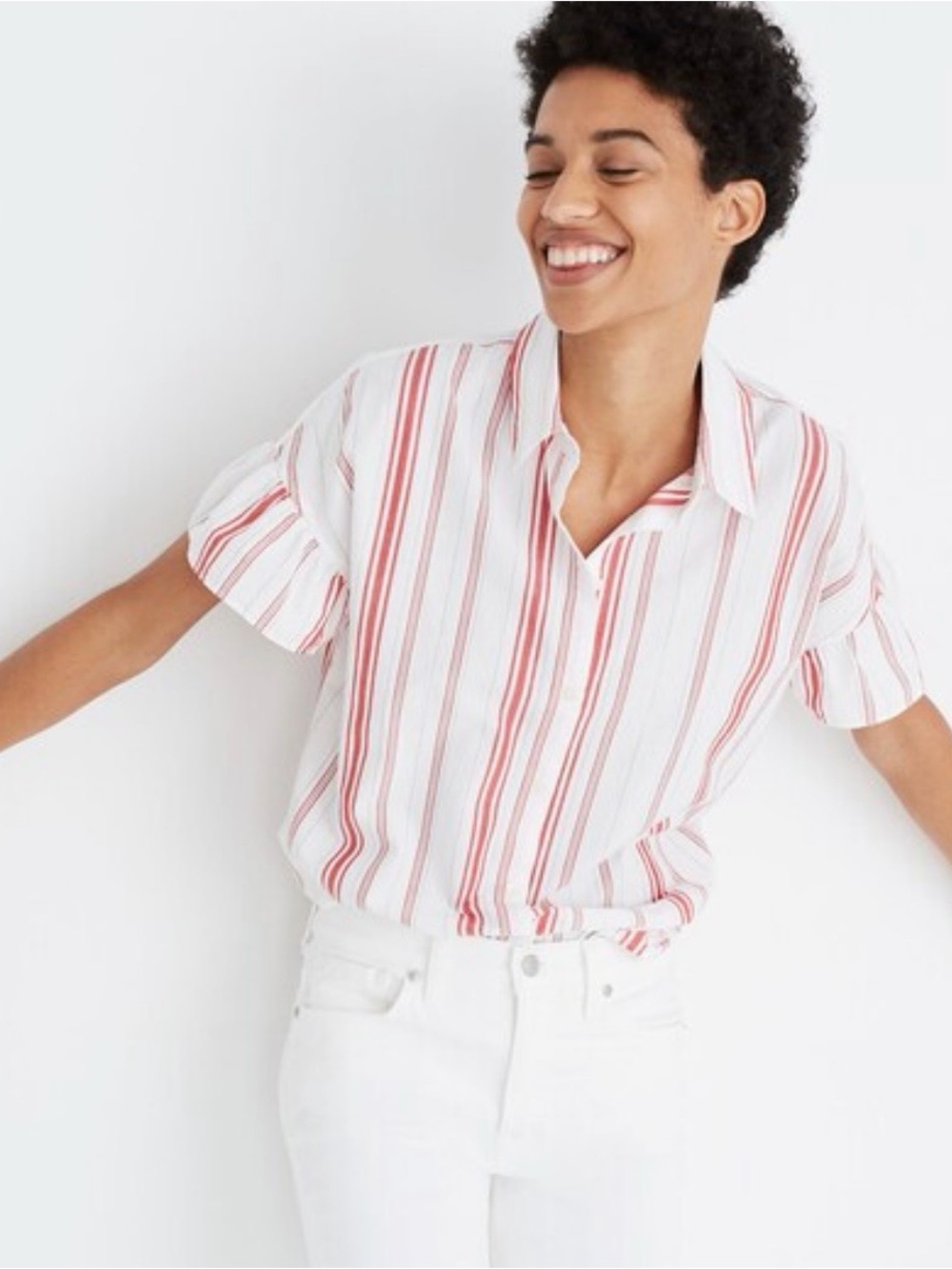 Madewell Central Ruffle-Sleeve Shirt in Carey Stripes
